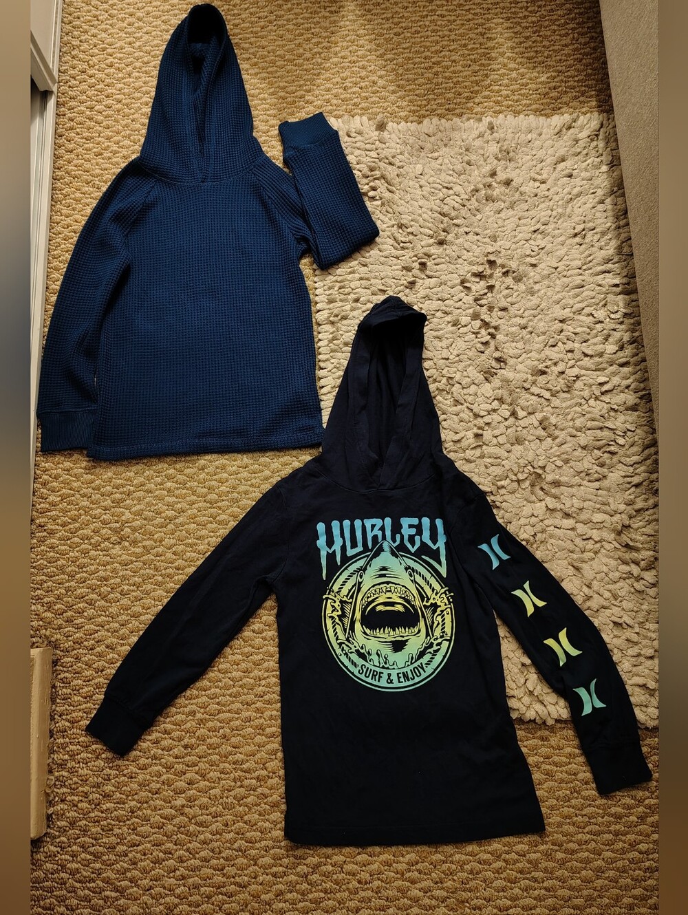 (2)Hurley Graphic Shark Hoodie with Aqua & Lime Accents & Thermal Hoddie Shirt
